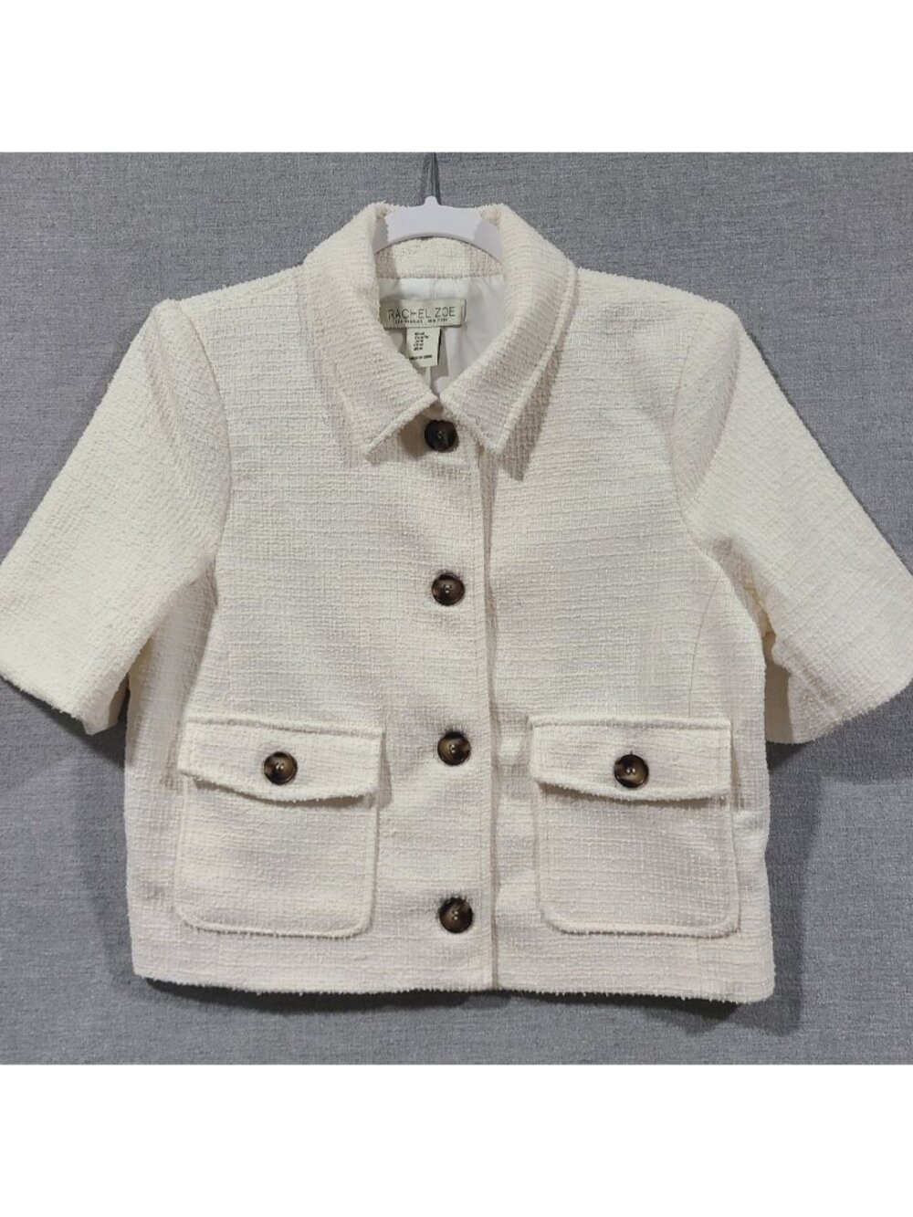 Rachel Zoe Ivory Boucle Crop Jacket size M Short Sleeve Button Front Pockets